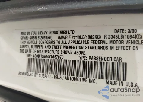 2000 Subaru Outback Limited z USA, uszkodzony, nr VIN 4S3BH6864Y7657870